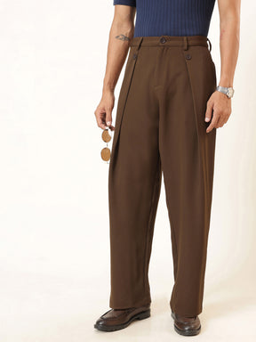 Men Tan Brown High Waist Button Pleat Hight Waist Korean Pants
