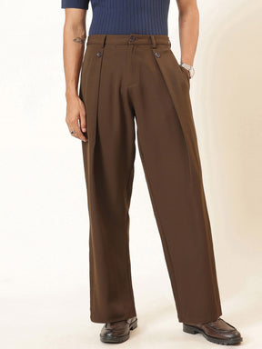 Men Tan Brown High Waist Button Pleat Hight Waist Korean Pants