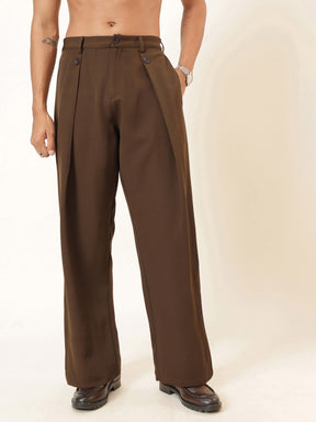 Men Tan Brown High Waist Button Pleat Hight Waist Korean Pants