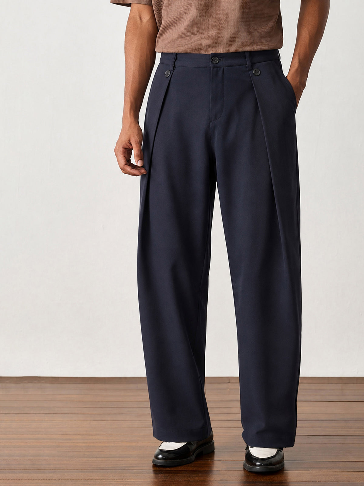 Navy Blue High Waist Button Pleat Hight Waist Korean Pants-MASCLN SASSAFRAS