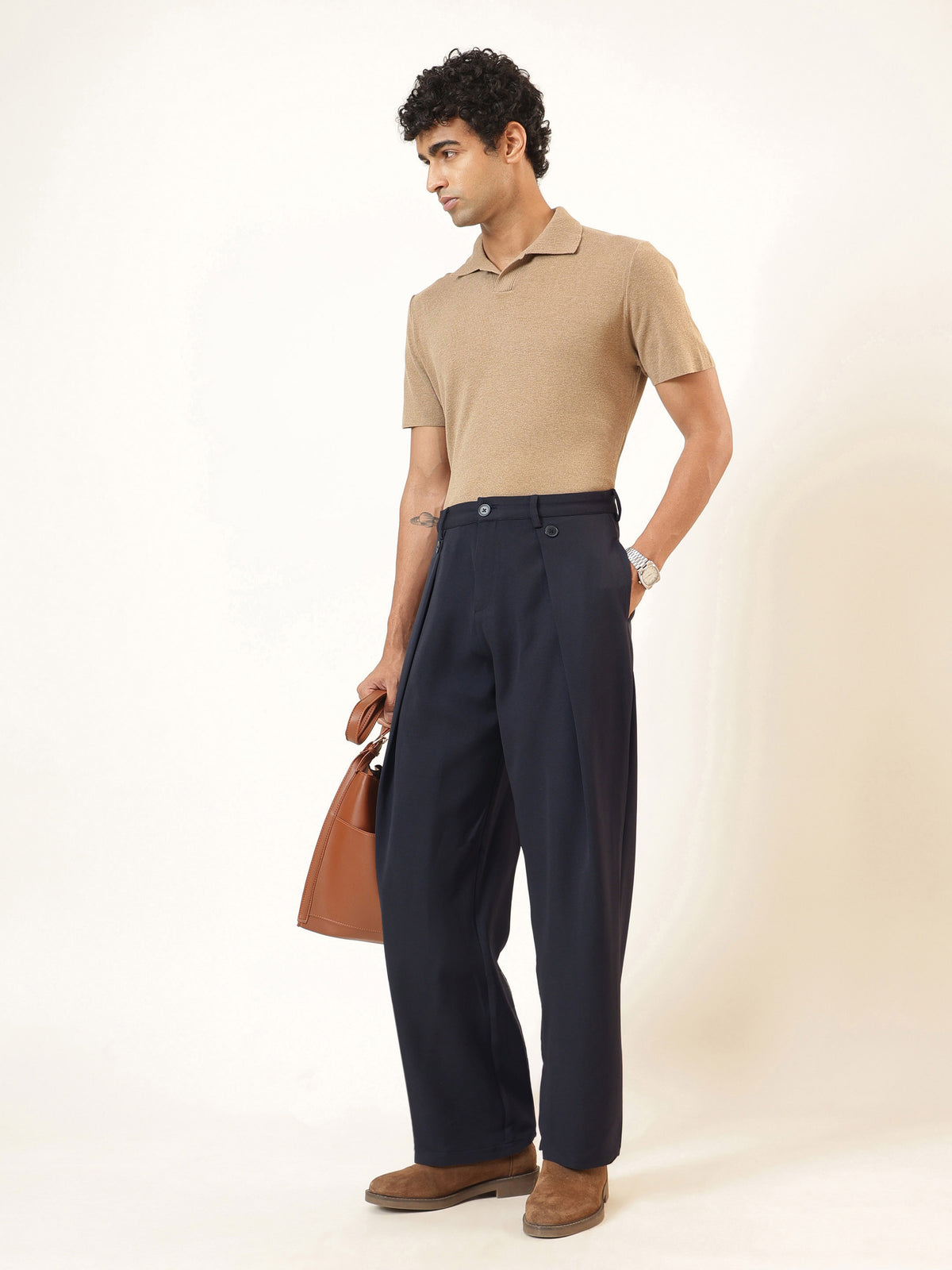 Navy Blue High Waist Button Pleat Hight Waist Korean Pants-MASCLN SASSAFRAS