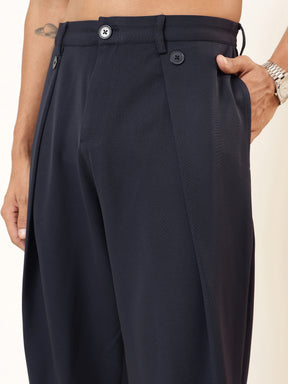 Navy Blue High Waist Button Pleat Hight Waist Korean Pants-MASCLN SASSAFRAS
