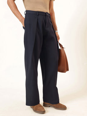 Men Navy Blue High Waist Button Pleat Hight Waist Korean Pants