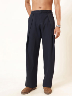 Men Navy Blue High Waist Button Pleat Hight Waist Korean Pants