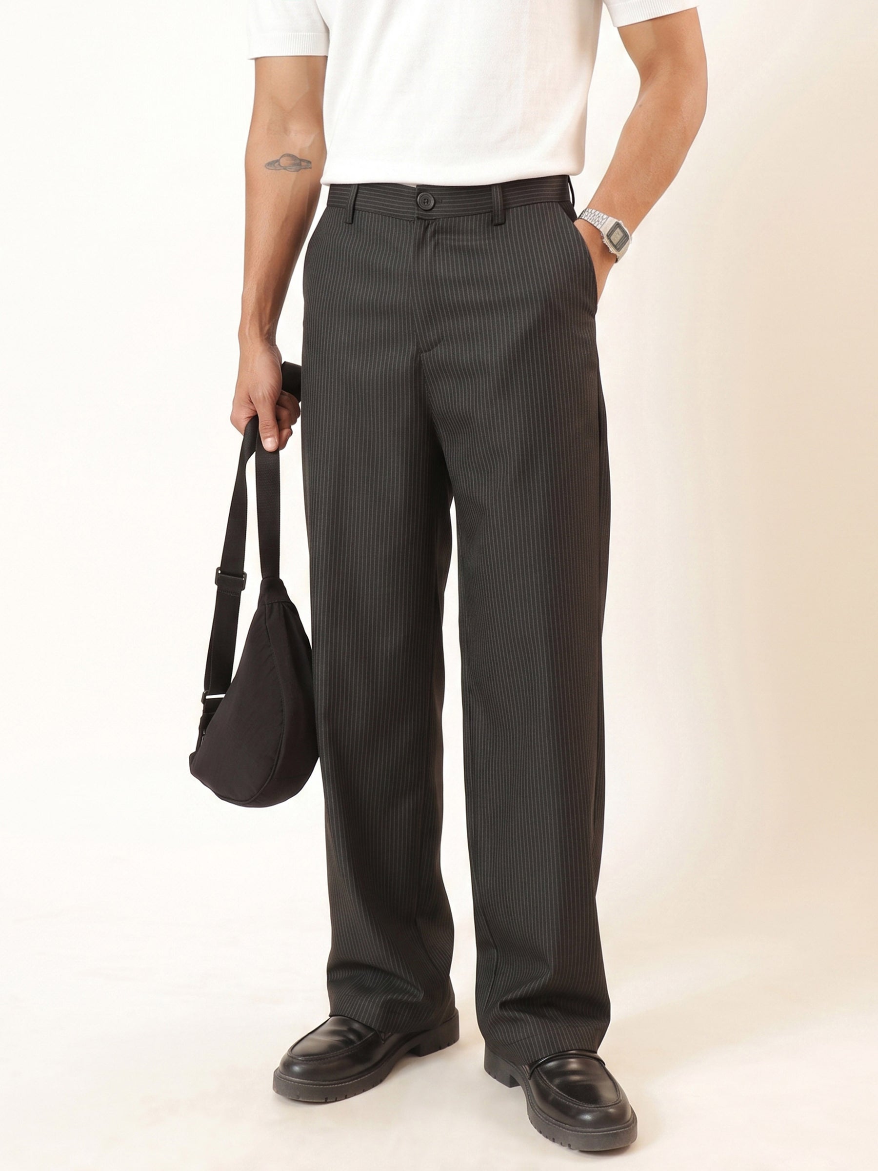 Men Black Stripes Basic High Wasit Korean Pants