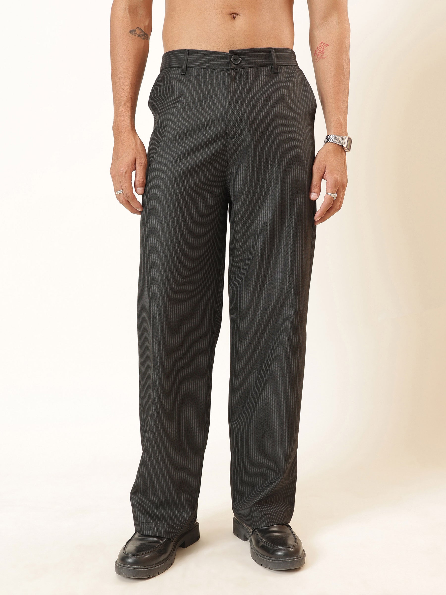 Men Black Stripes Basic High Wasit Korean Pants