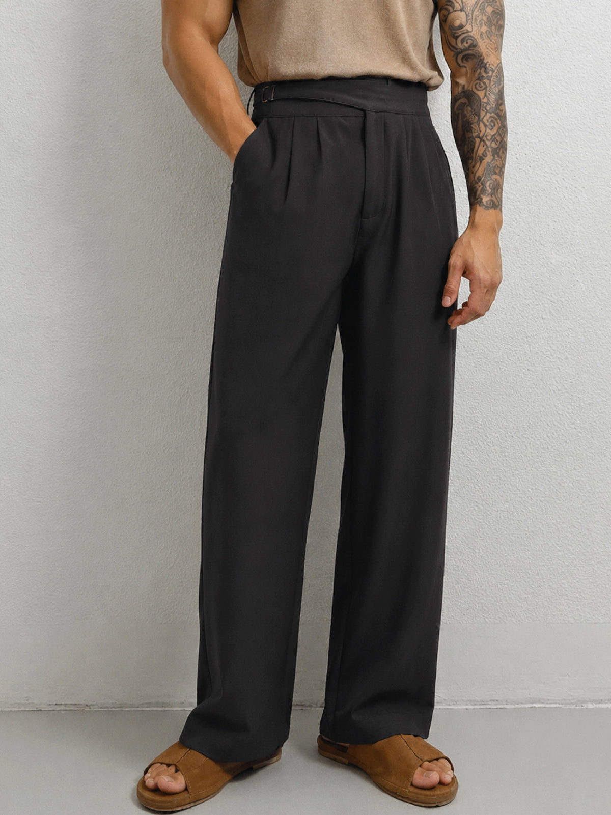 Black Waist Adjuster High Waist Korean Pants-MASCLN SASSAFRAS