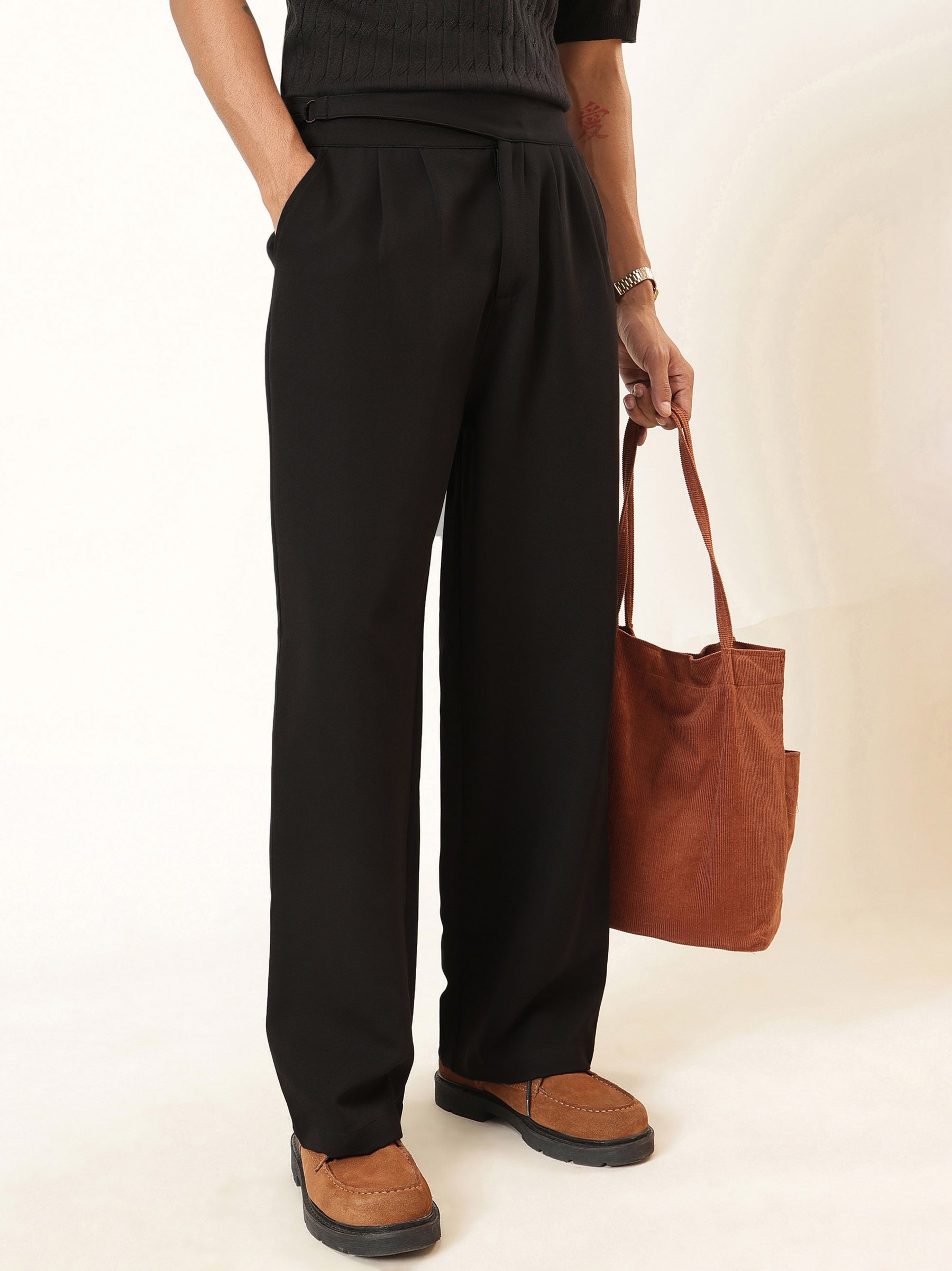 Men Black Waist Adjuster High Waist Korean Pants