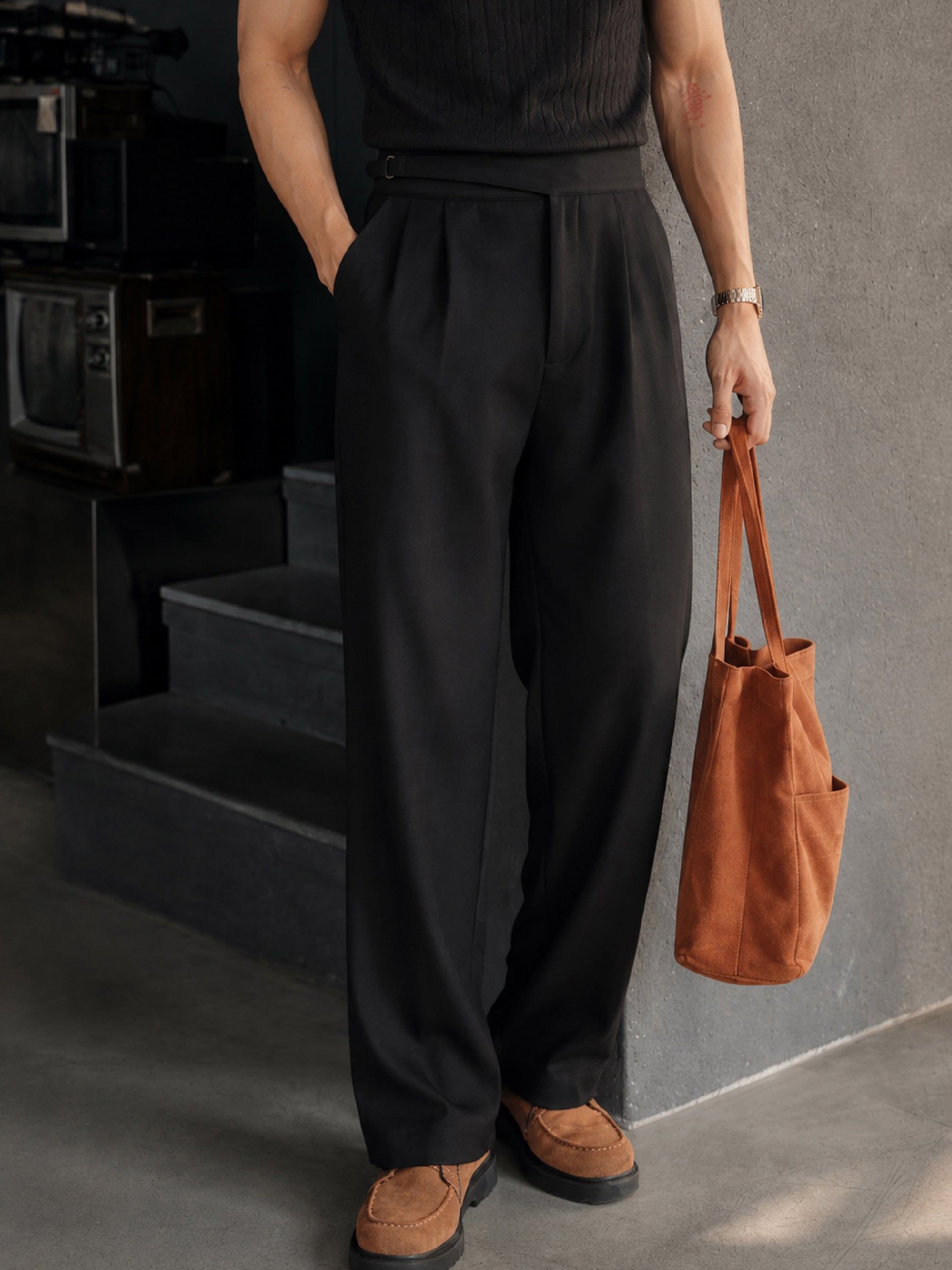 Men Black Waist Adjuster High Waist Korean Pants