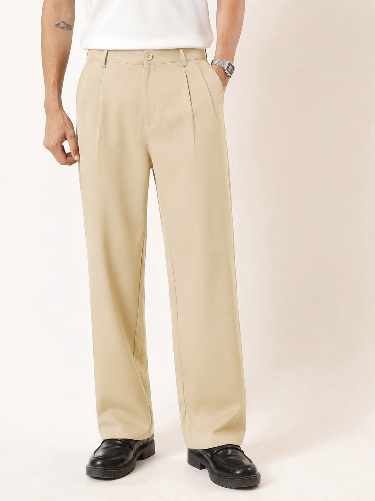 Beige Slant Pocket Double-Pleated Basic Korean Pants-MASCLN SASSAFRAS