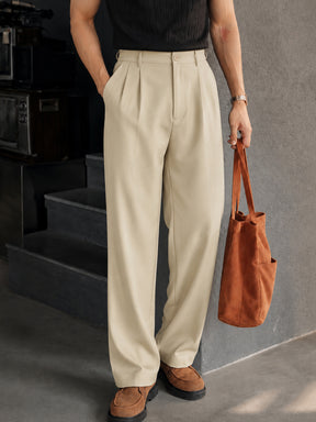 Men Beige Slant Pocket Double-Pleated Basic Korean Pants