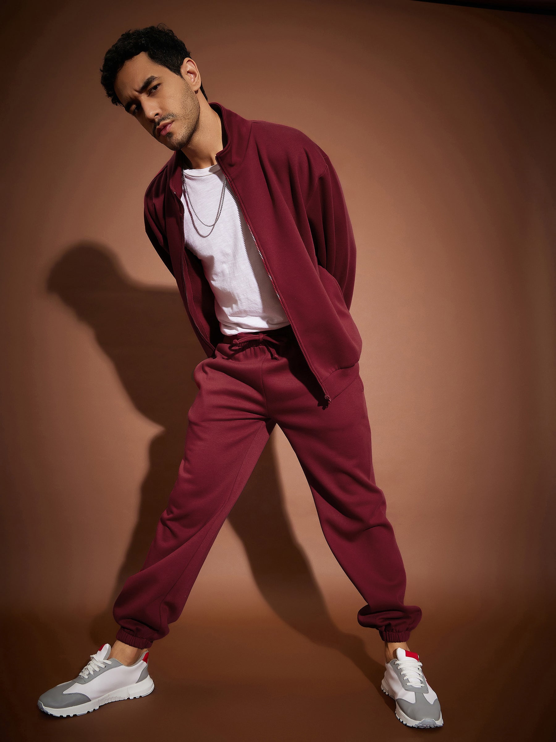 Maroon Red Joggers Outfit Men Men Maroon Front Zipper Oversized