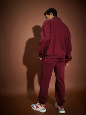 Men Maroon Front Zipper Oversized Sweatshirt With Joggers