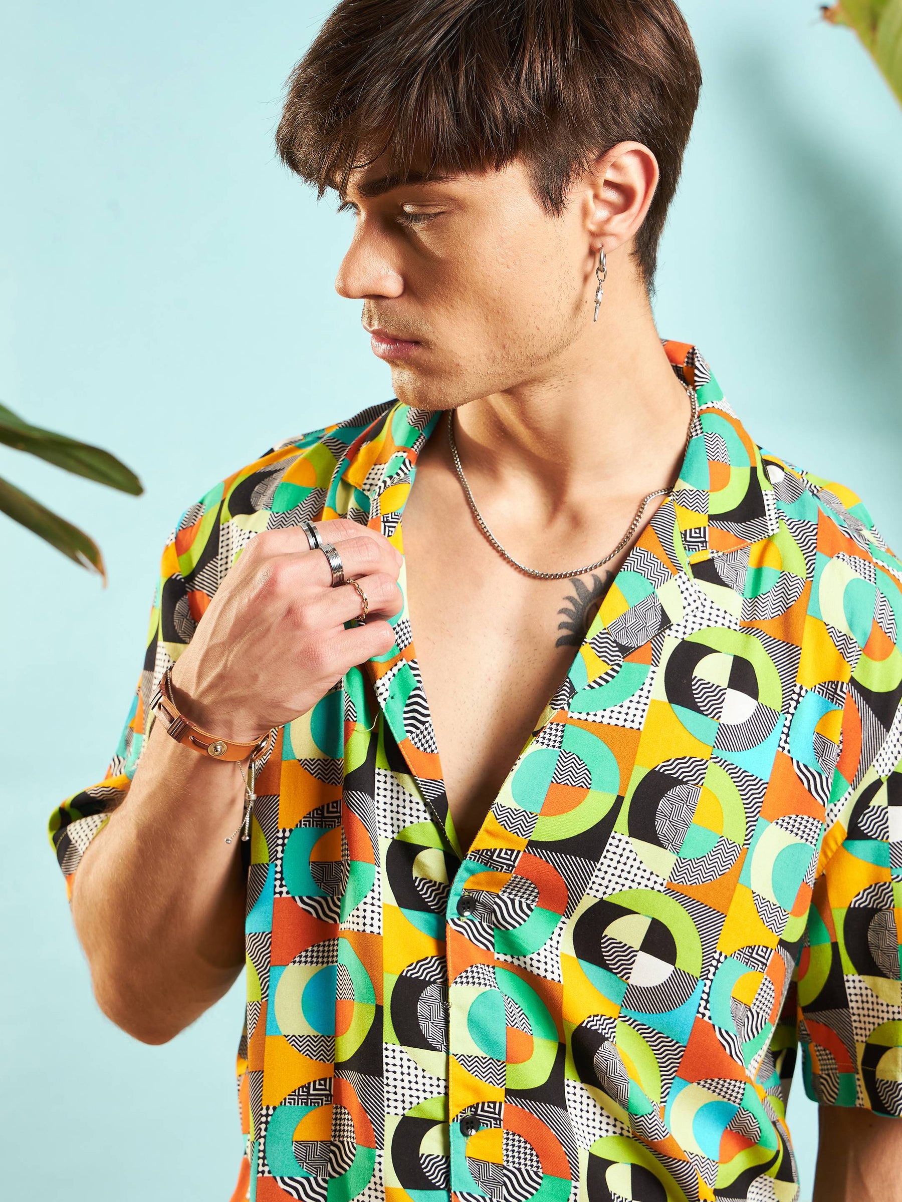 Green Multi Colour Geometric Shirt With Shorts-MASCLN SASSAFRAS