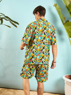 Green Multi Colour Geometric Shirt With Shorts-MASCLN SASSAFRAS