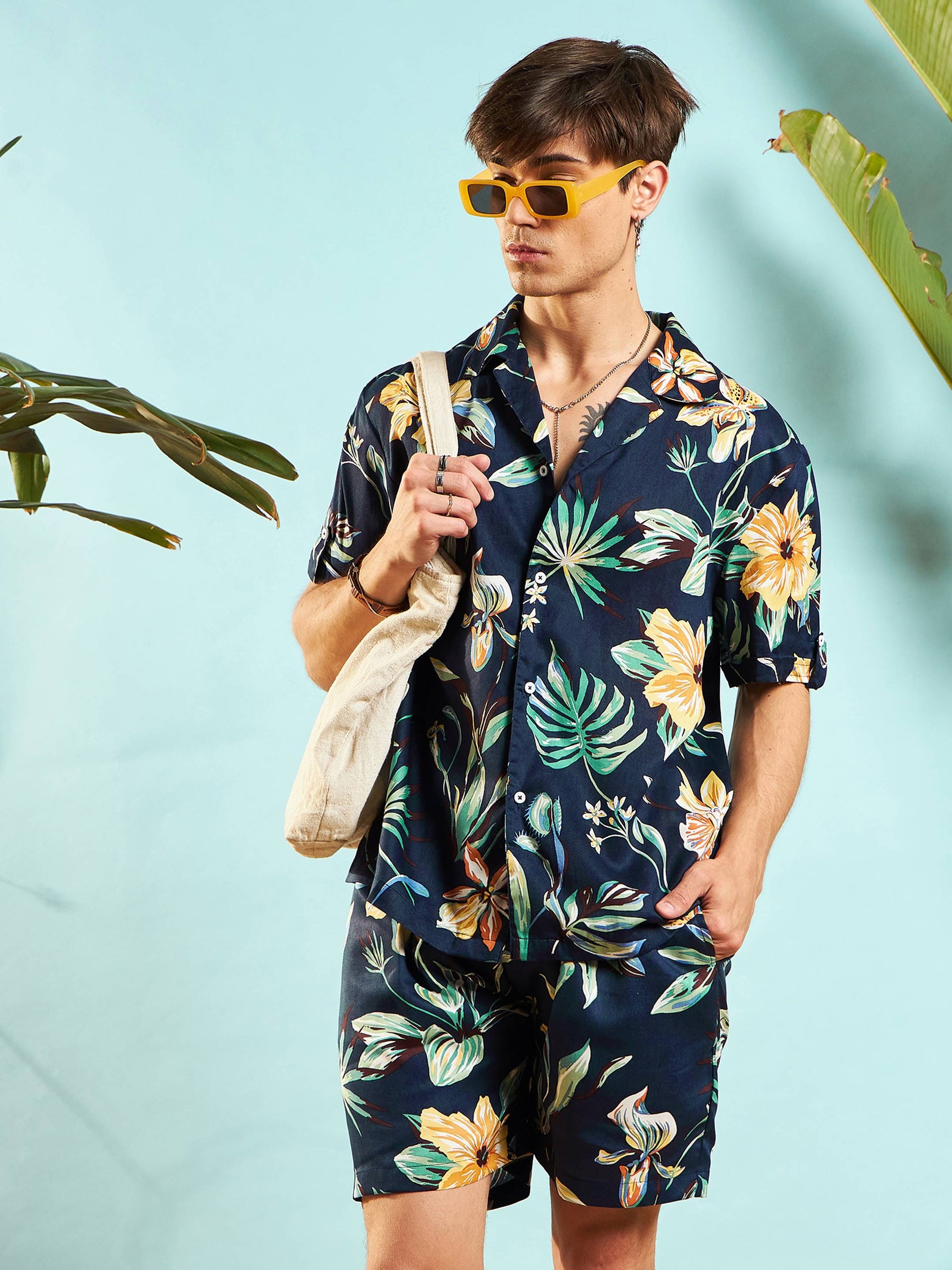 Navy Blue Tropical Shirt With Shorts-MASCLN SASSAFRAS