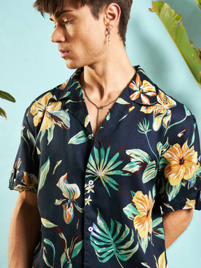 Navy Blue Tropical Shirt With Shorts-MASCLN SASSAFRAS