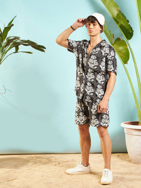 White & Black Floral Shirt With Shorts-MASCLN SASSAFRAS