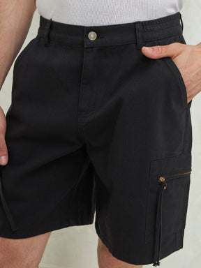 Black Denim Twill Zipper Pockets Shorts-MASCLN SASSAFRAS