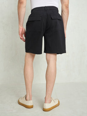 Black Denim Twill Zipper Pockets Shorts-MASCLN SASSAFRAS