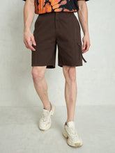 Brown Denim Twill Zipper Pockets Shorts-MASCLN SASSAFRAS