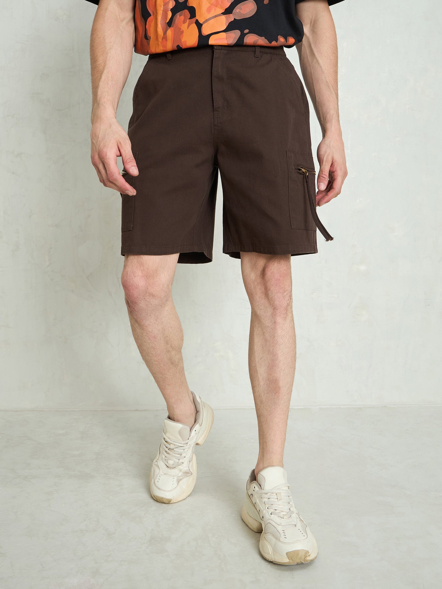 Brown Denim Twill Zipper Pockets Shorts-MASCLN SASSAFRAS