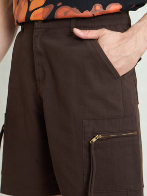 Brown Denim Twill Zipper Pockets Shorts-MASCLN SASSAFRAS