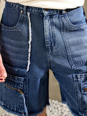 Blue Washed Denim Zipper Pocket Shorts-MASCLN SASSAFRAS
