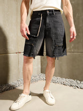 Black Washed Denim Zipper Pocket Shorts-MASCLN SASSAFRAS