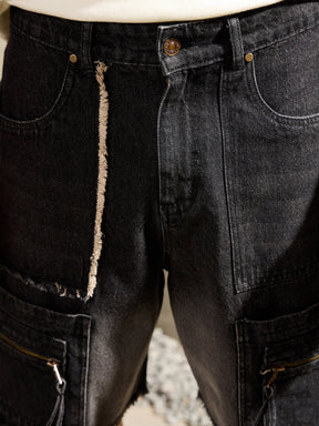 Black Washed Denim Zipper Pocket Shorts-MASCLN SASSAFRAS