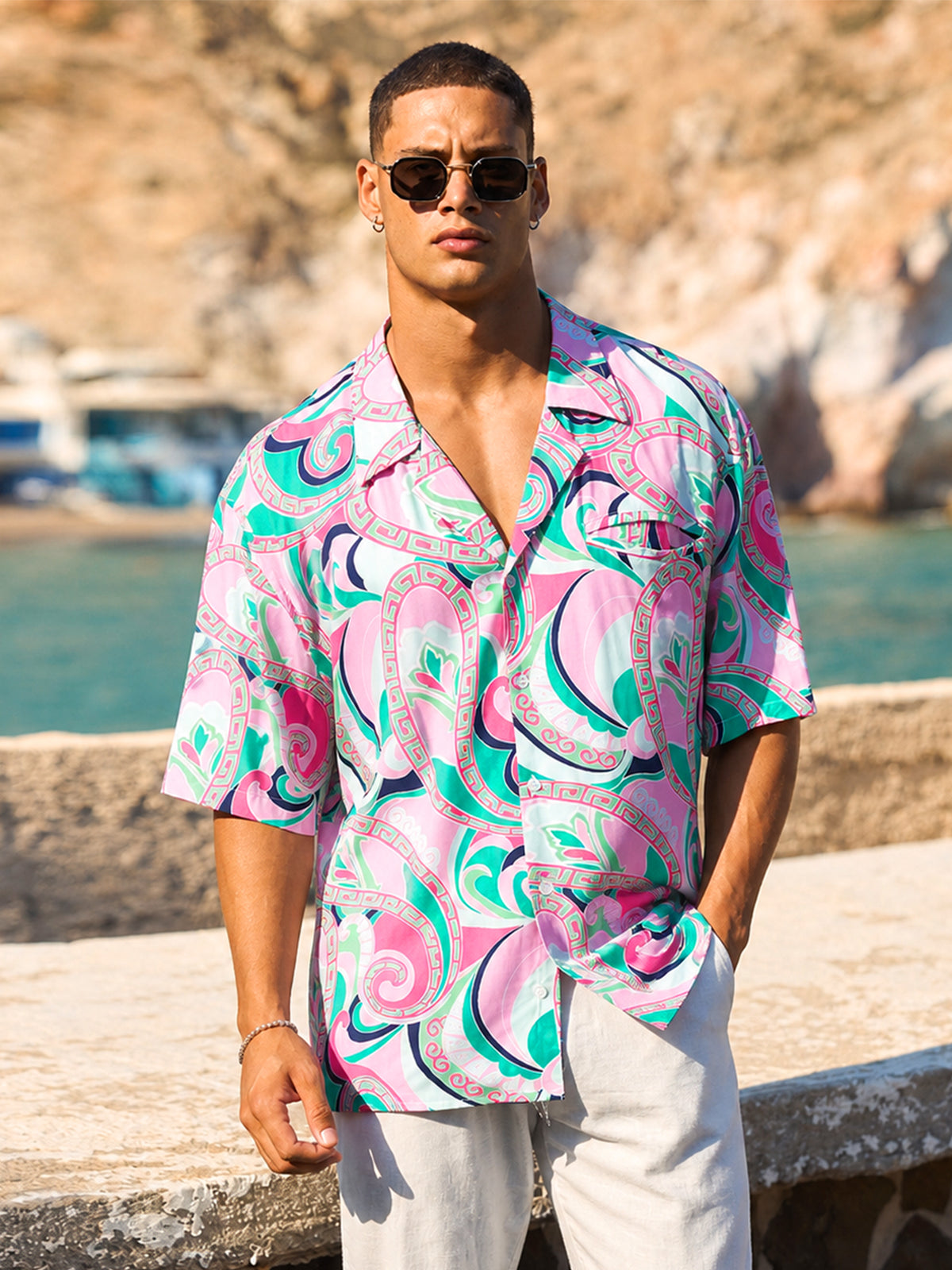 Men Pink & Green Tropical Floral Oversized Shirt