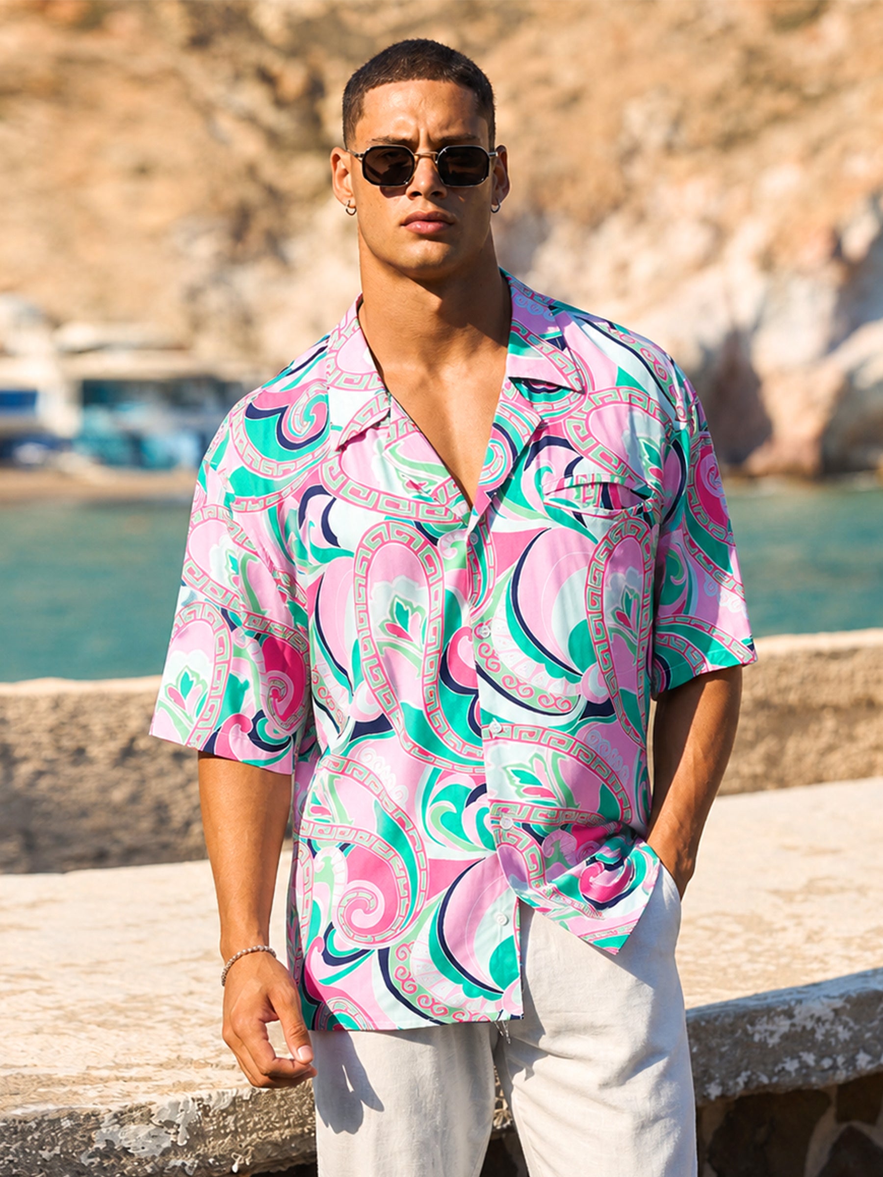 Men Pink & Green Tropical Floral Oversized Shirt