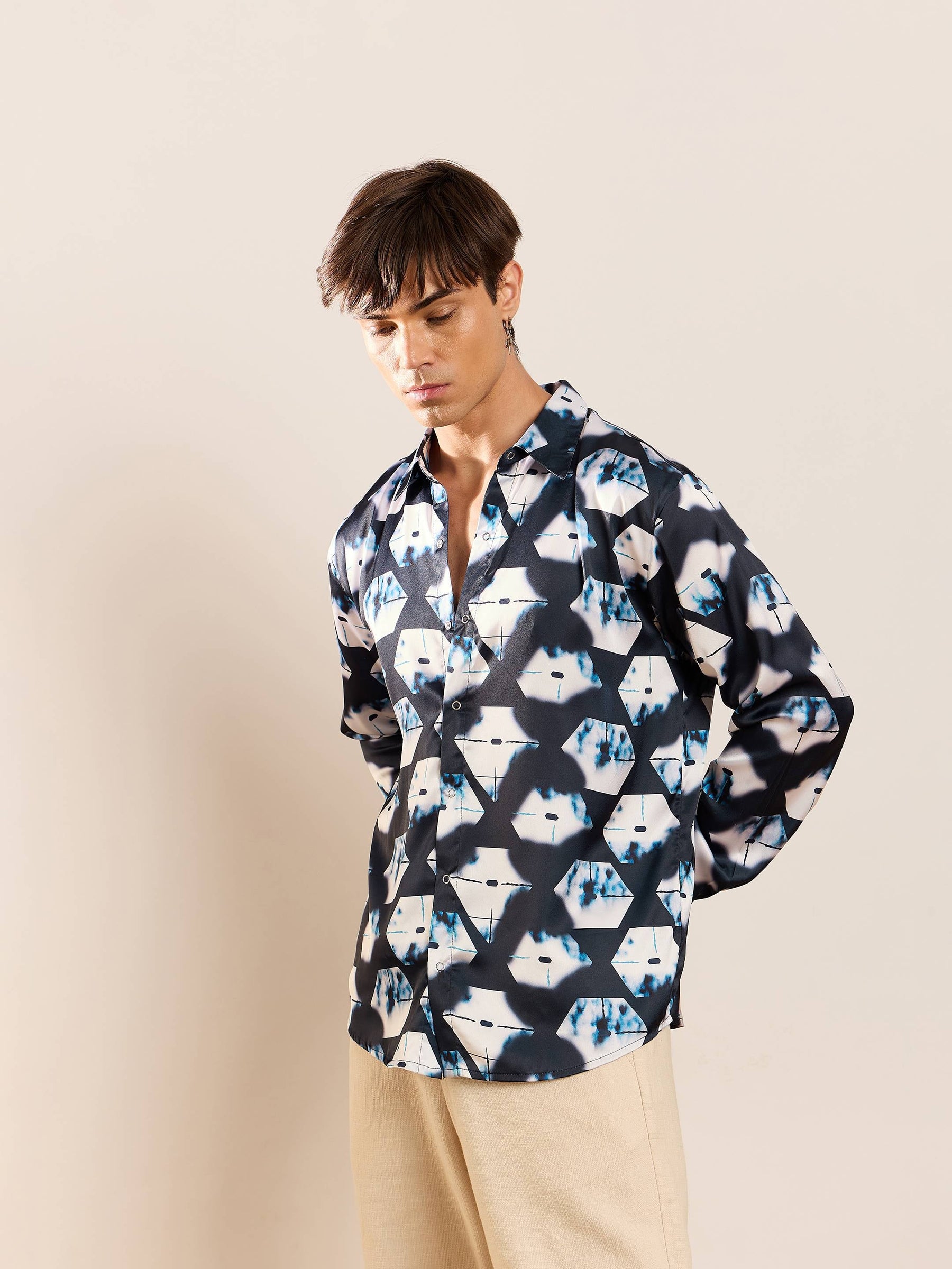 Unisex Navy & White Abstract Satin Relax Fit Shirt-MASCLN SASSAFRAS