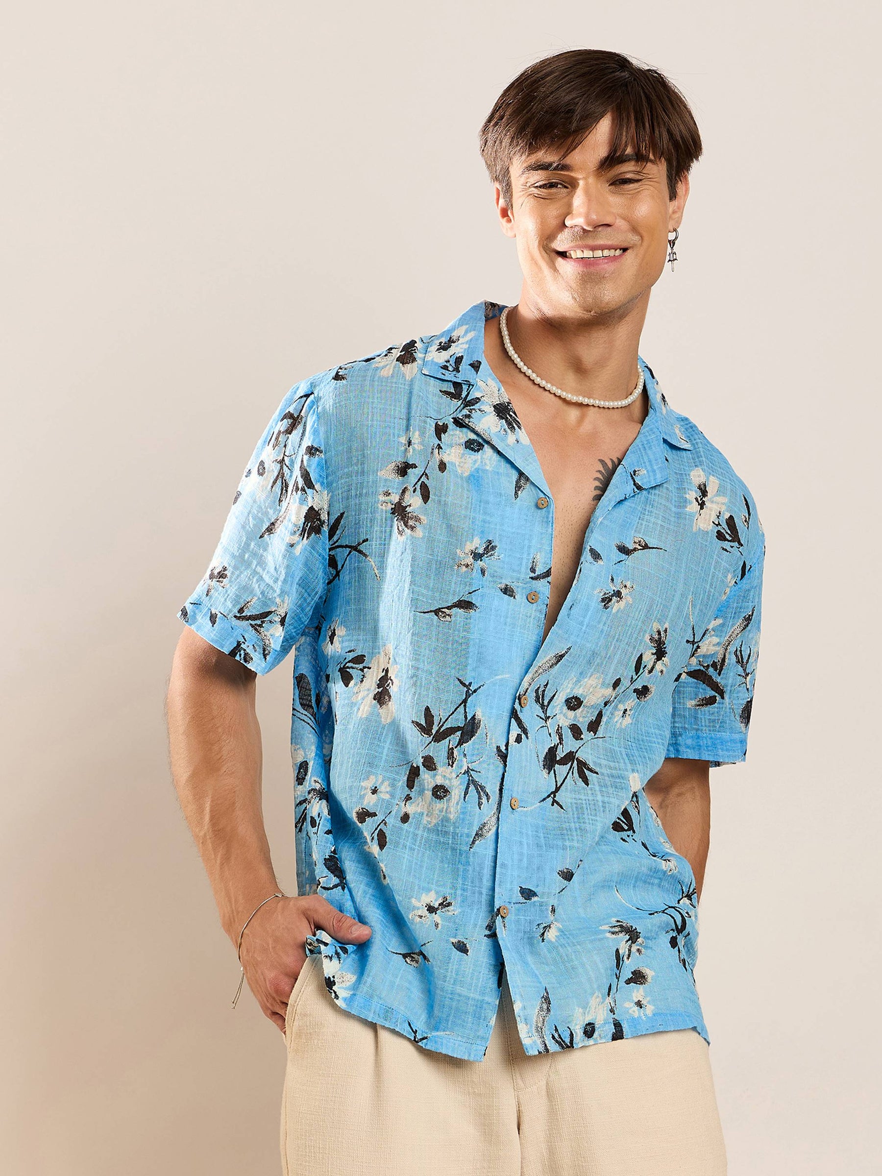 Unisex Sea Green & Black Floral Relax Fit Shirt-MASCLN SASSAFRAS