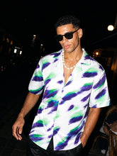 Men White Abstract Short Sleeves Satin Shirt