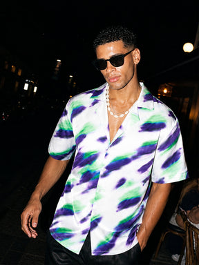Men White Abstract Short Sleeves Satin Shirt