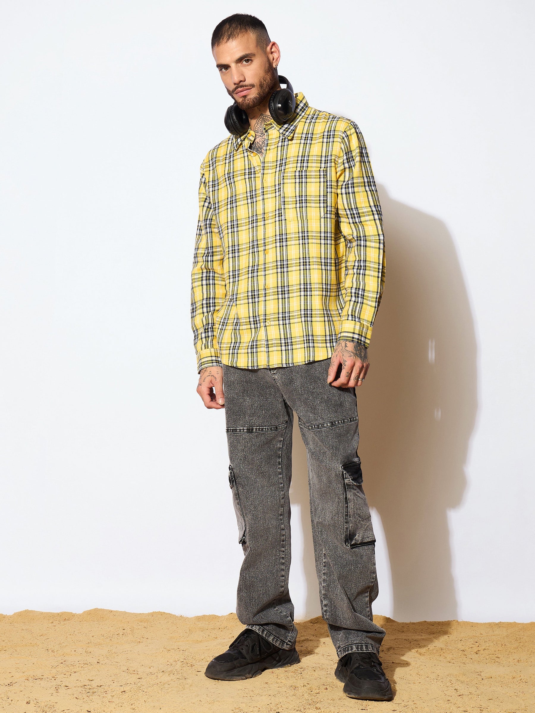 Unisex Yellow Check GETTING OLD Oversized Shirt-MASCLN SASSAFRAS