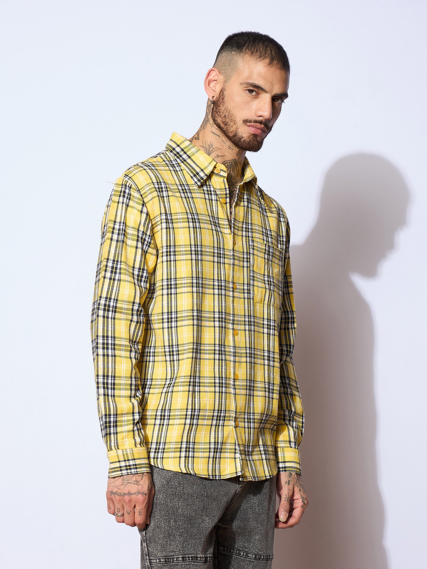 Unisex Yellow Check GETTING OLD Oversized Shirt-MASCLN SASSAFRAS