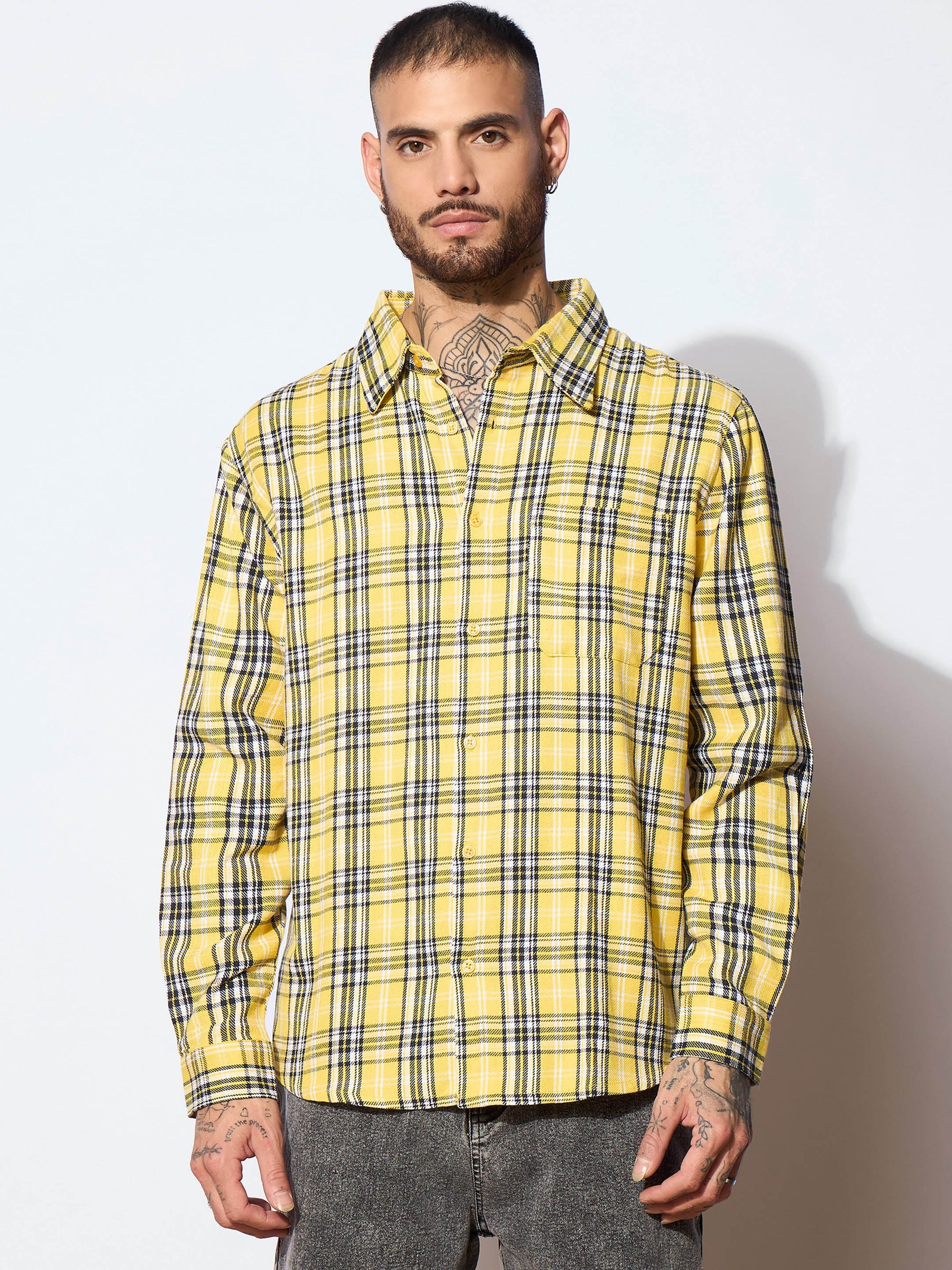 Unisex Yellow Check GETTING OLD Oversized Shirt-MASCLN SASSAFRAS