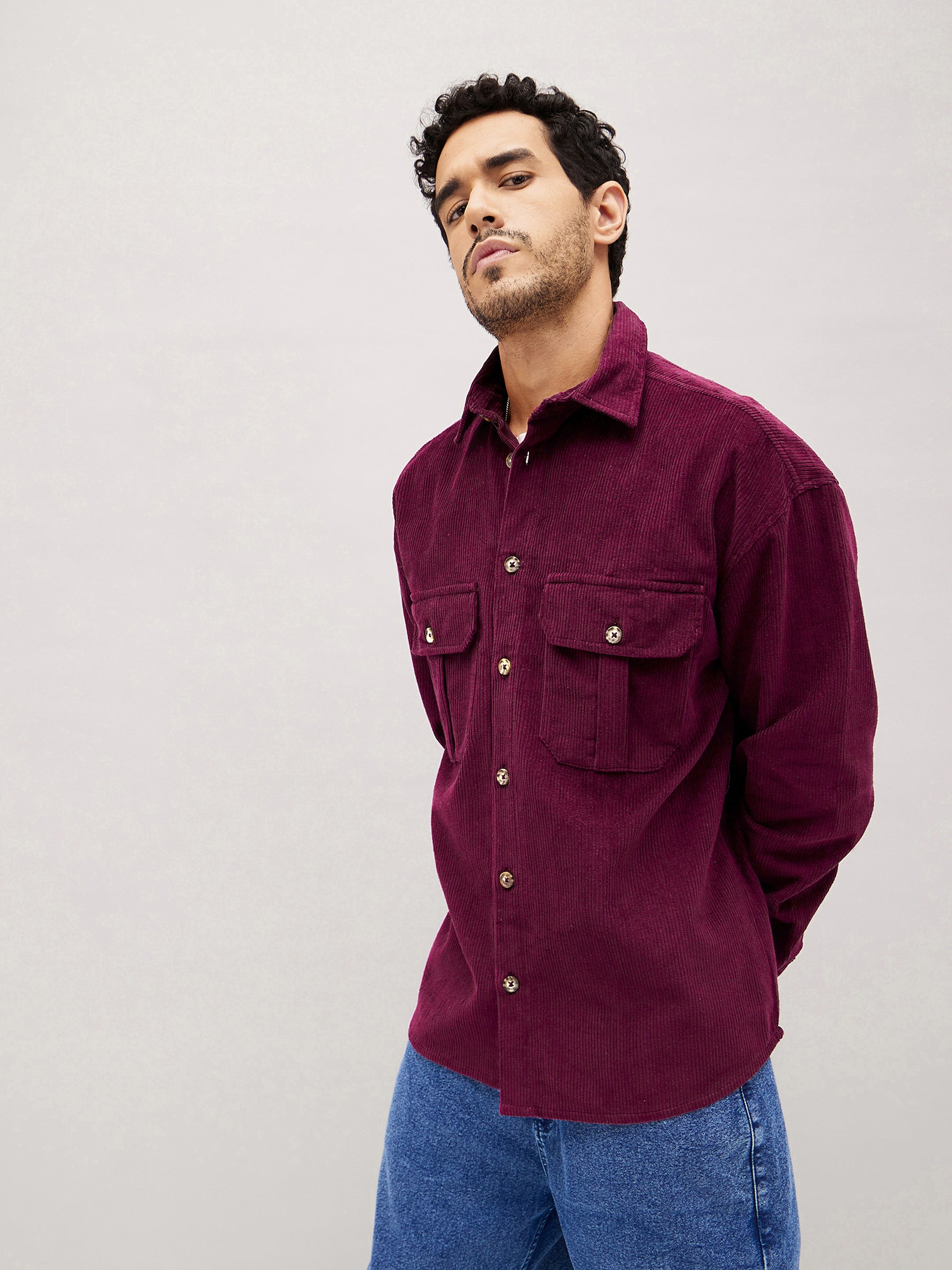 Men Maroon Corduroy Oversized Shacket