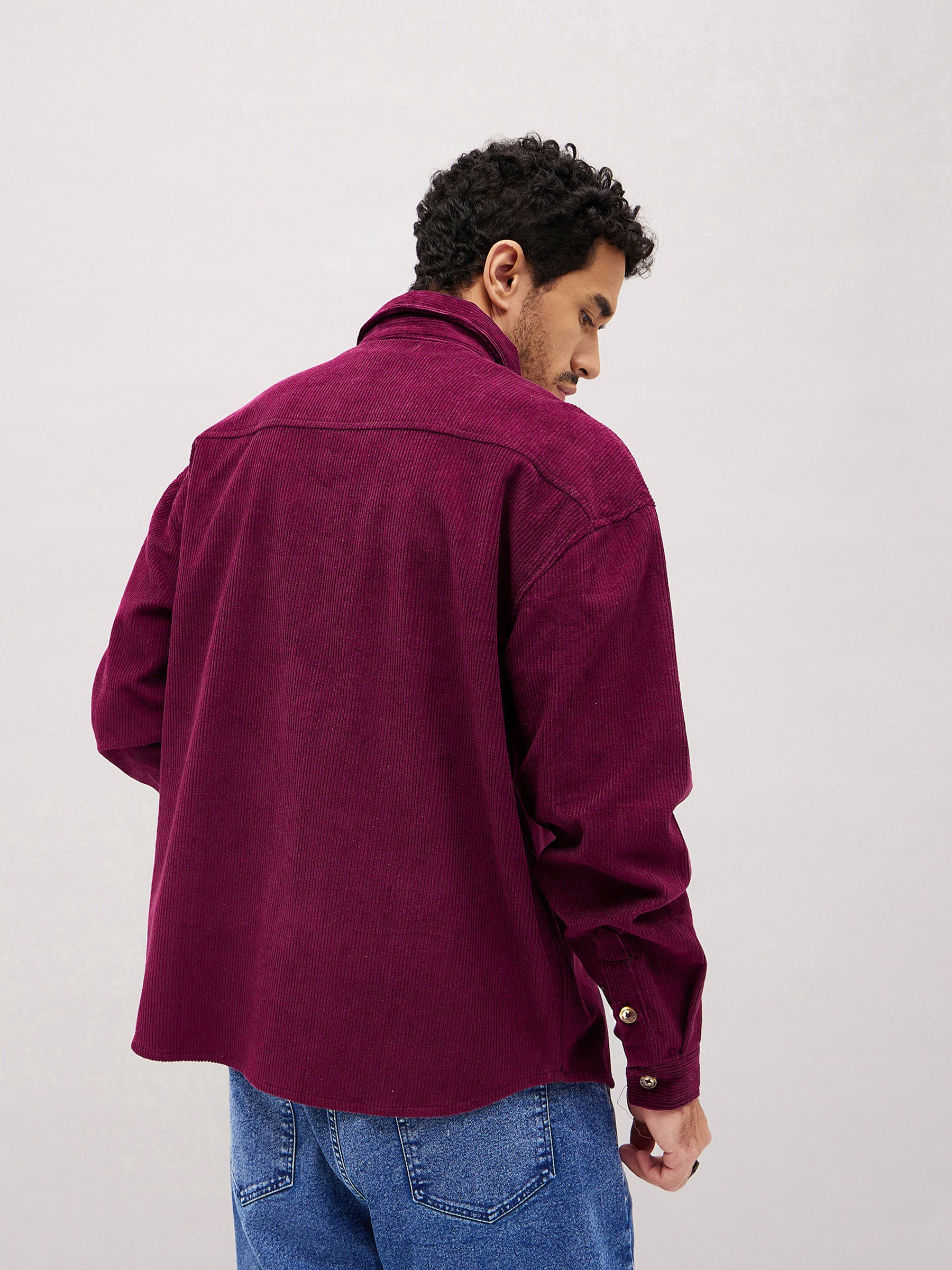 Men Maroon Corduroy Oversized Shacket