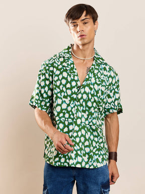 Green & White Abstract Short Sleeve Relax Shirt-MASCLN SASSAFRAS
