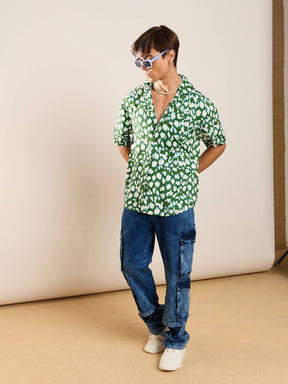 Green & White Abstract Short Sleeve Relax Shirt-MASCLN SASSAFRAS