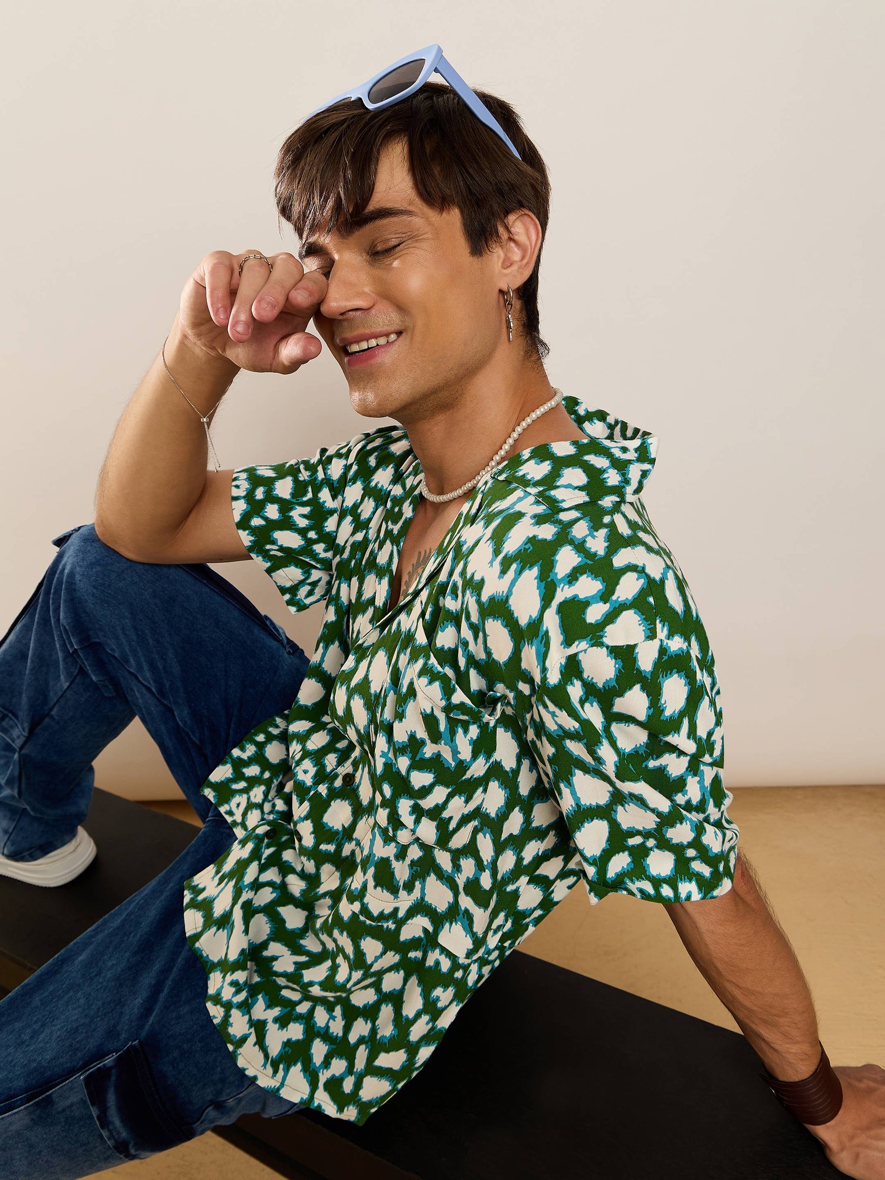 Green & White Abstract Short Sleeve Relax Shirt-MASCLN SASSAFRAS