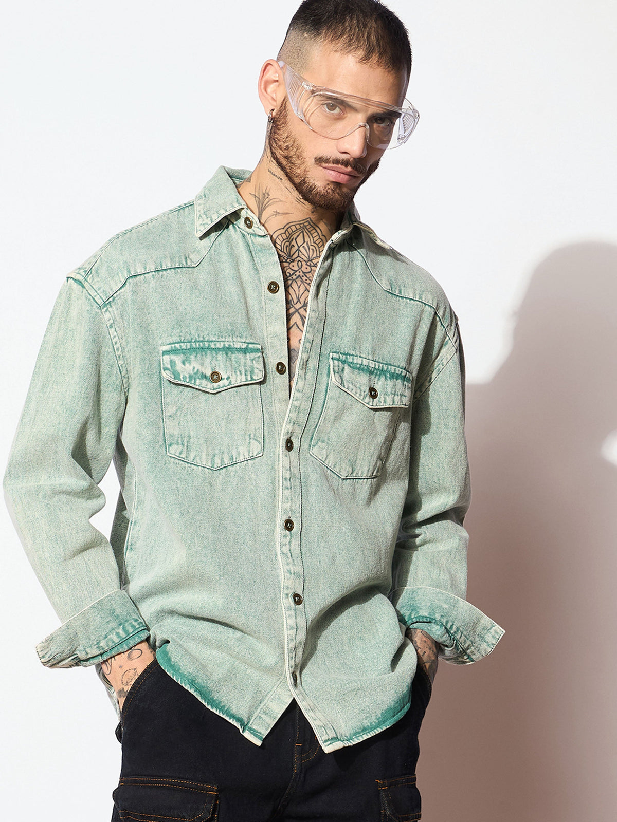 Green Washed Denim Oversized Shirt-MASCLN SASSAFRAS