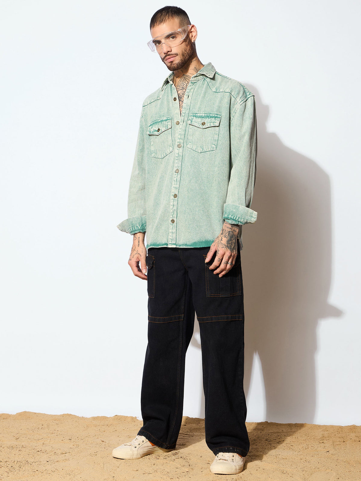 Green Washed Denim Oversized Shirt-MASCLN SASSAFRAS