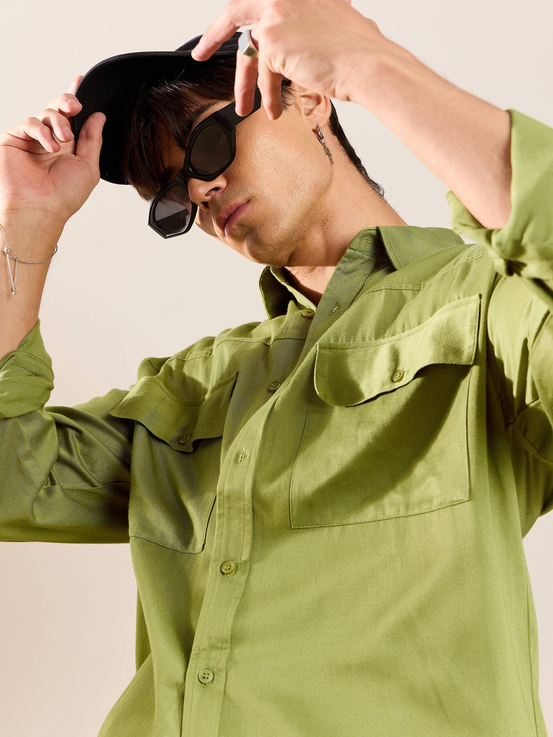 Green Twill Utility Pocket Oversize Shirt-MASCLN SASSAFRAS