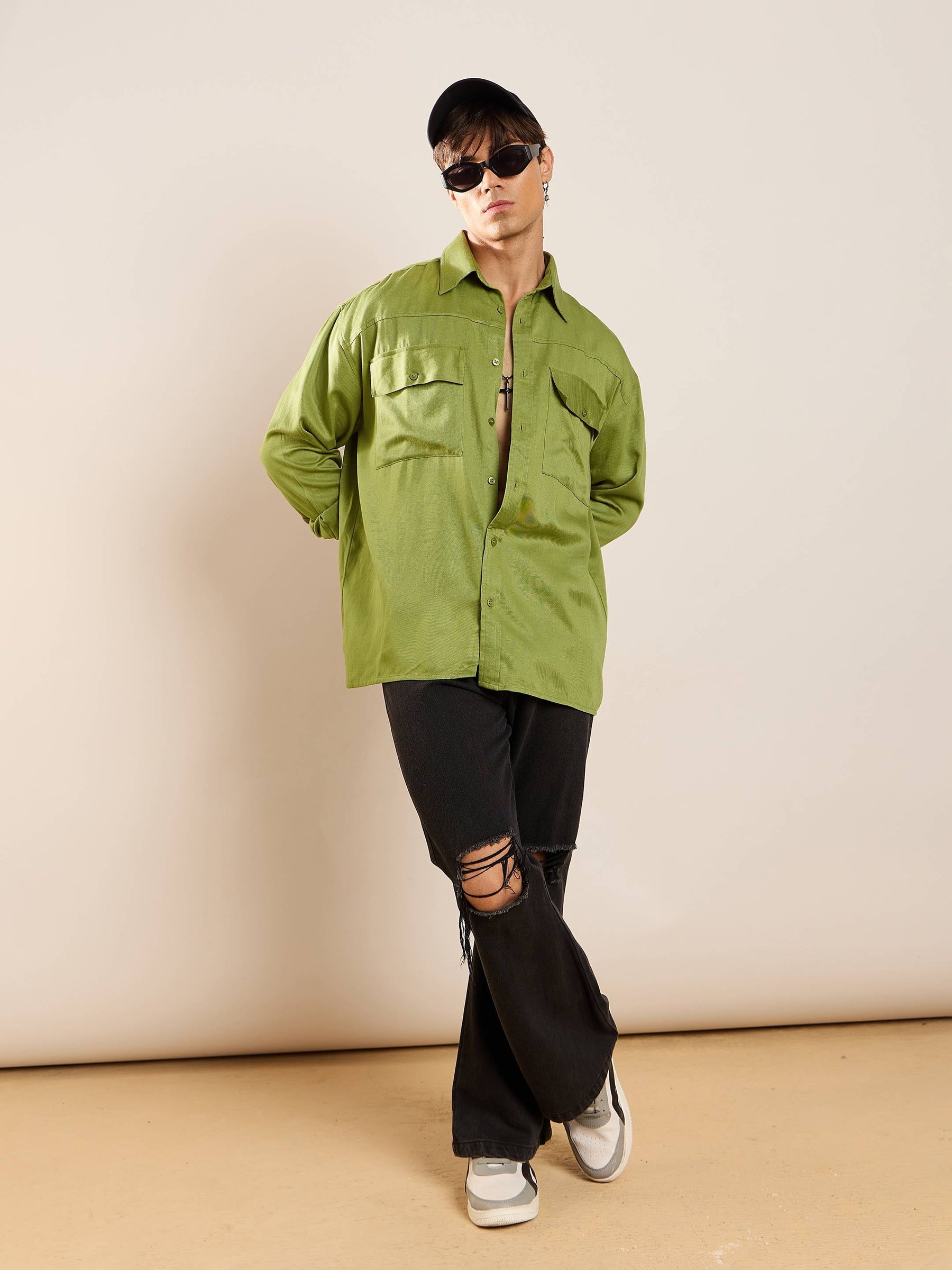 Green Twill Utility Pocket Oversize Shirt-MASCLN SASSAFRAS