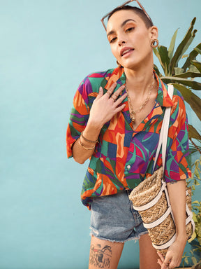 Blue Multi Tropical Print Relax Fit Shirt-SASSAFRAS