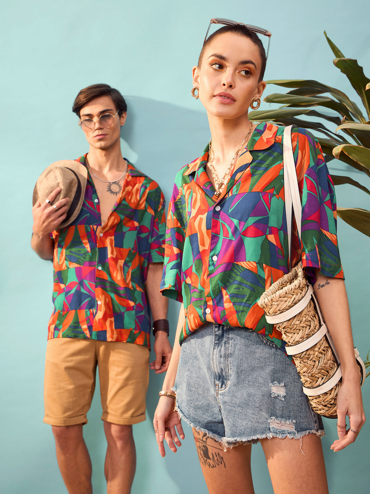 Blue Multi Tropical Print Relax Fit Shirt-SASSAFRAS